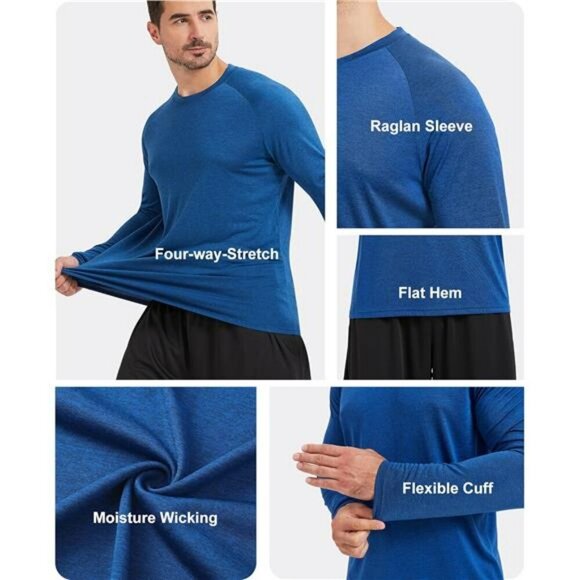 Mens Long Sleeve Workout Shirts Quick Dry Moisture Wicking UPF 50+ Tees - Picture 4 of 7